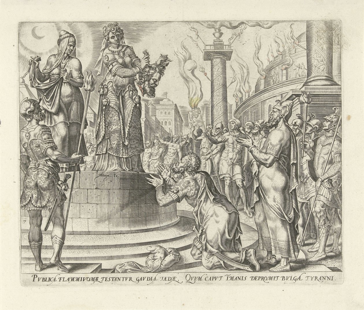 Judit toont het hoofd van Holofernes aan het volk door Philips Galle