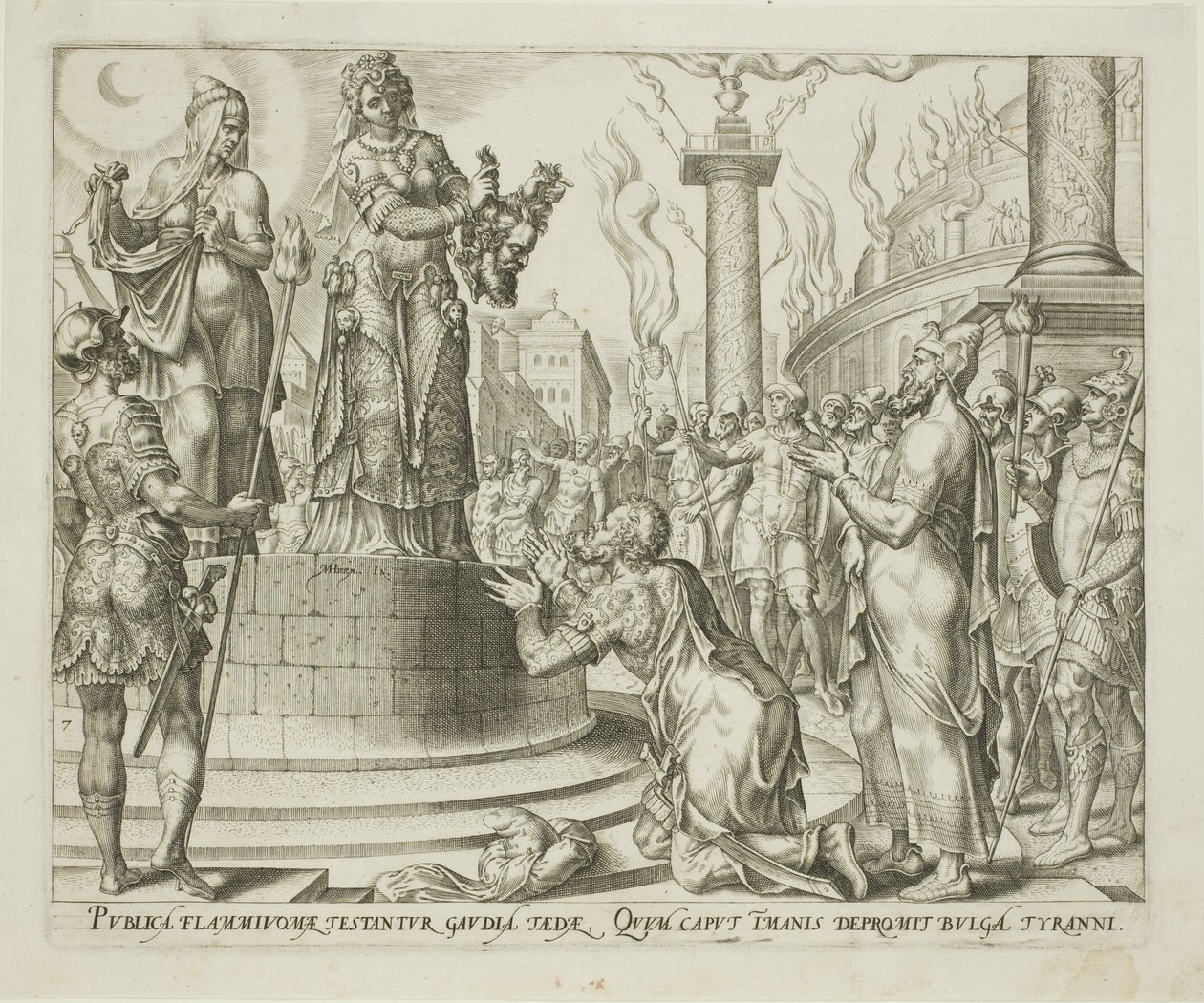 Judith toont het hoofd van Holofernes aan de mensen van Bethulia, plaat zeven uit Het verhaal van Judith en Holofernes door Philips Galle
