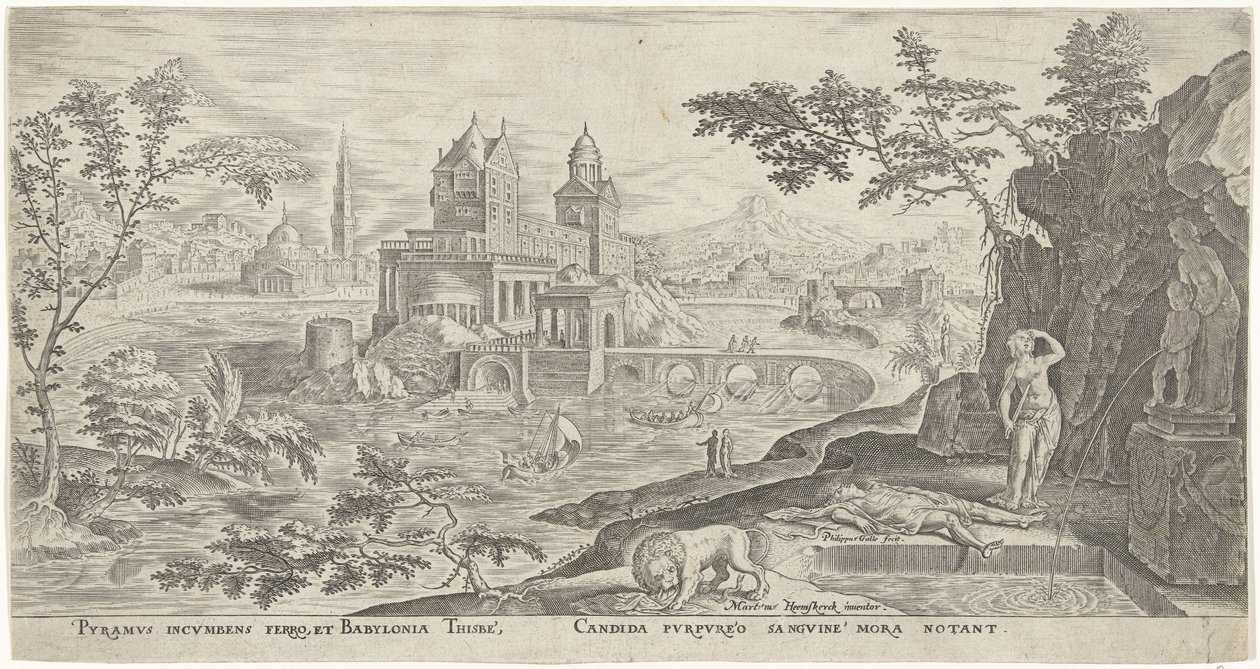 Landschap met de zelfmoord van Thisbe door Philips Galle
