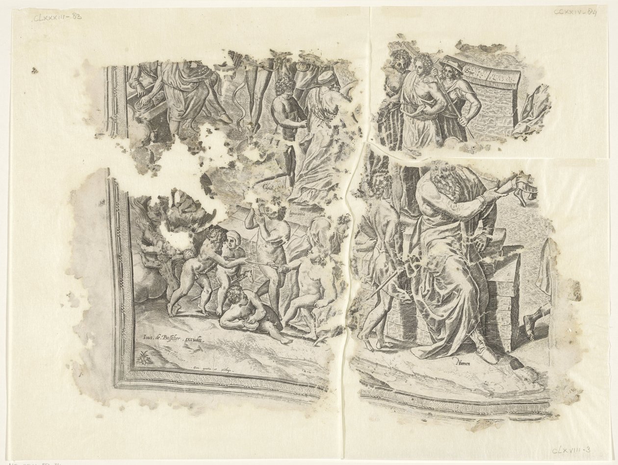 Linkeronderhoek van een prent van het tafereel van Cebes door Philips Galle