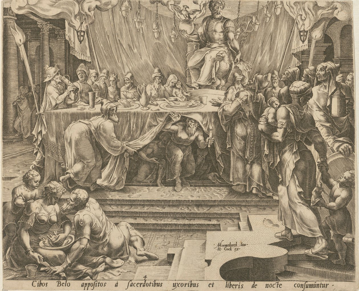 De priesters van Bel eten en drinken in de tempel [pagina 4] en Daniël voert de draak [pagina 7], pagina’s 4 en 7 van de serie „Het verhaal van Daniël, Bel en de draak” door Philips Galle