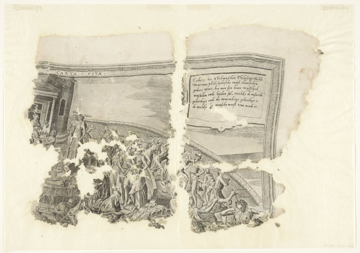 Rechterbovenhoek van een prent van het tafereel van Cebes door Philips Galle