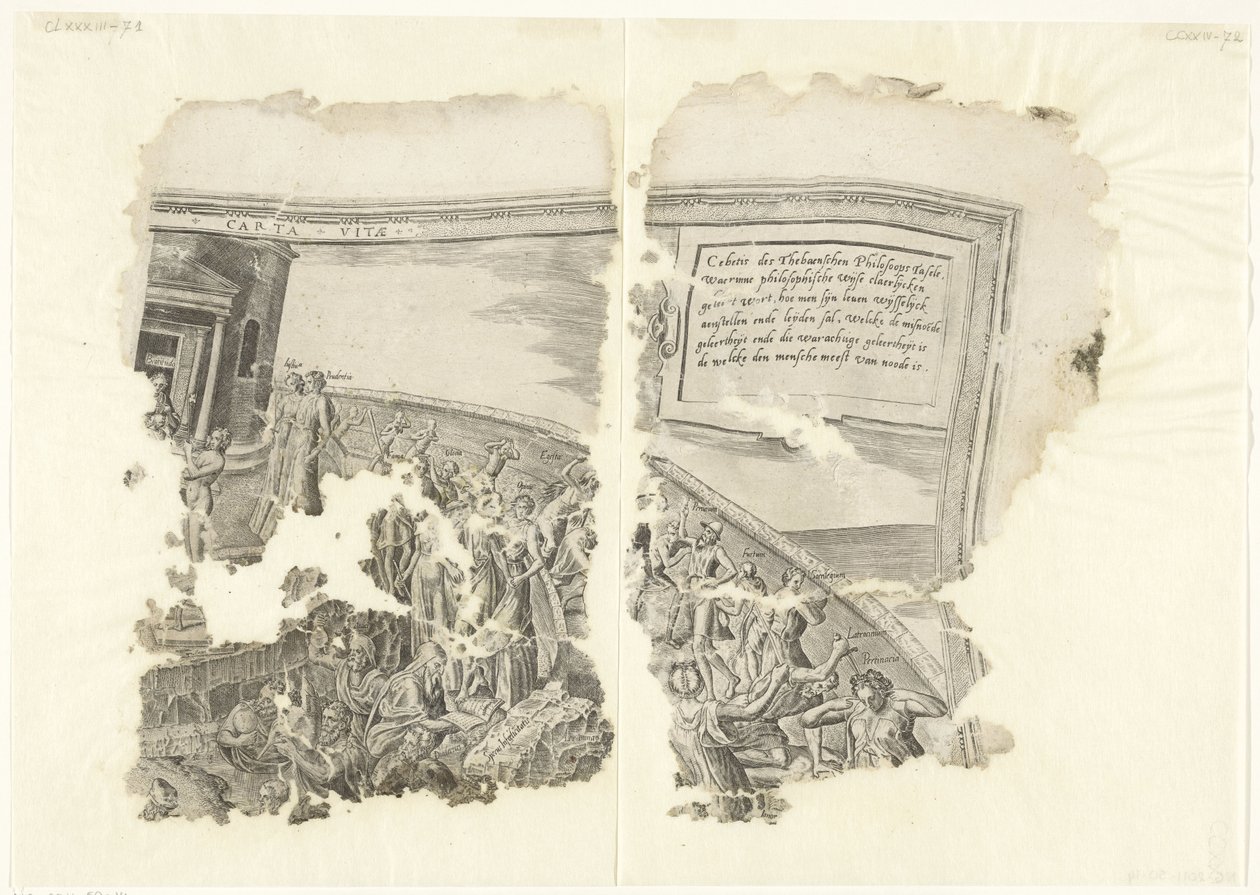 Rechterbovenhoek van een prent van het tafereel van Cebes door Philips Galle