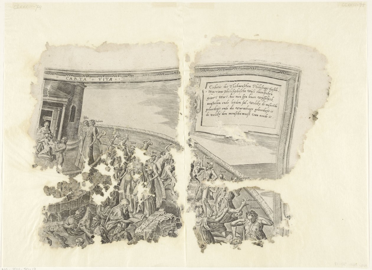 Rechterbovenhoek van een prent van het tafereel van Cebes door Philips Galle