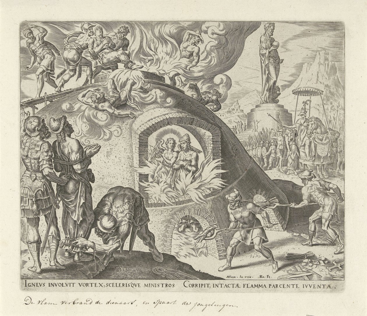 Sadrach, Mesach en Abednego worden in het vuur gegooid Geschiedenis van Sadrach, Mesach en Abednego door Philips Galle