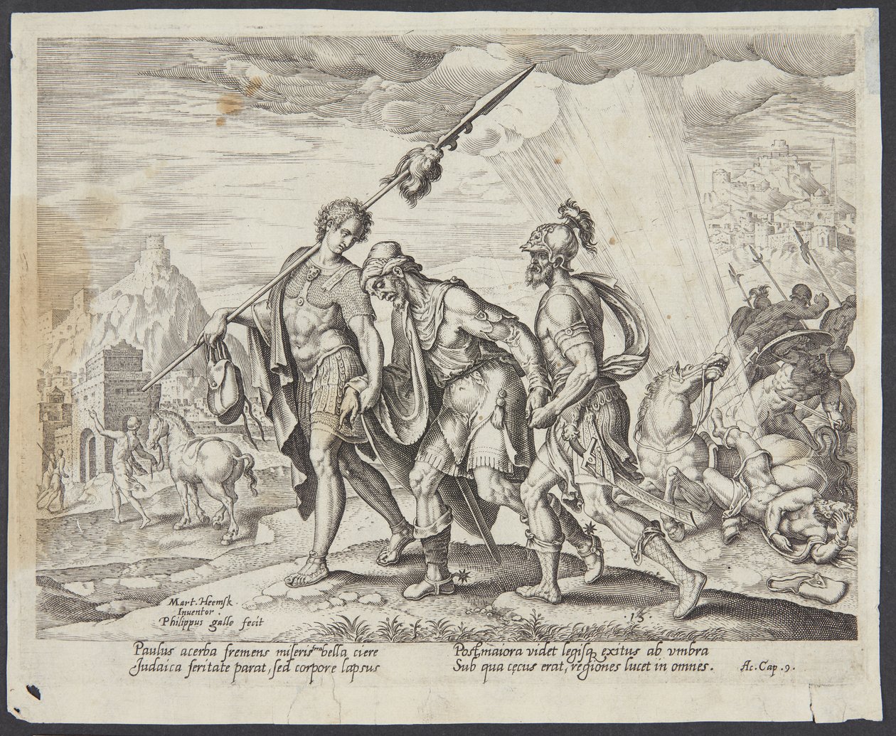 De blinde Saul geleid naar Damascus door Philips Galle