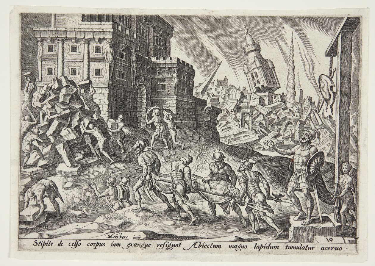 Het lijk van de koning van Ai naar de poort van de stad gebracht door Philips Galle