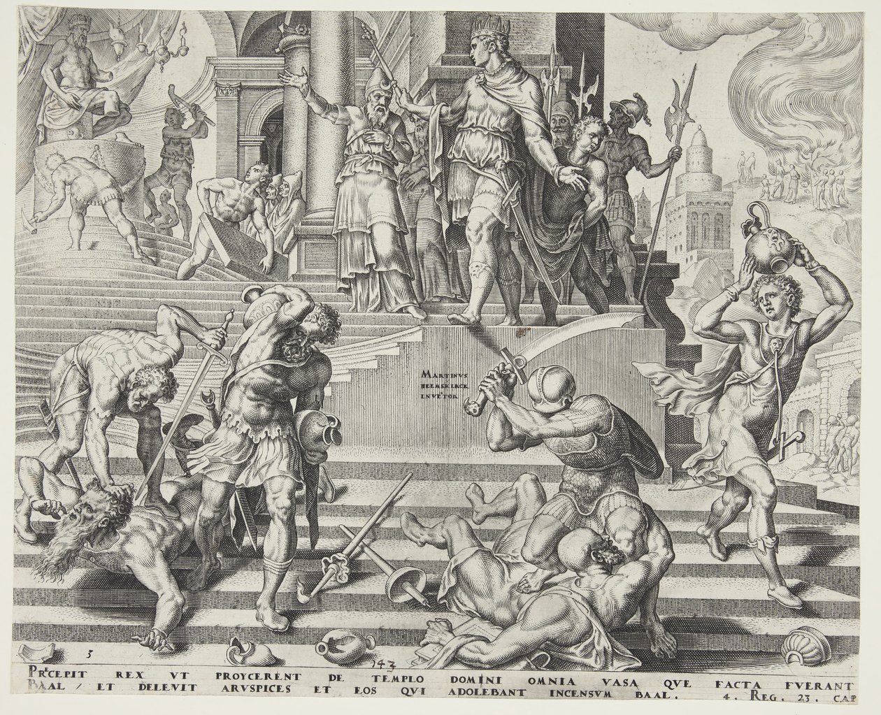 De vernietiging van de tempel van Baäl en de slachting van zijn priesters door Philips Galle
