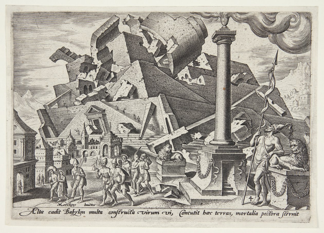 De vernietiging van de Toren van Babel en de verspreiding van de volkeren door Philips Galle