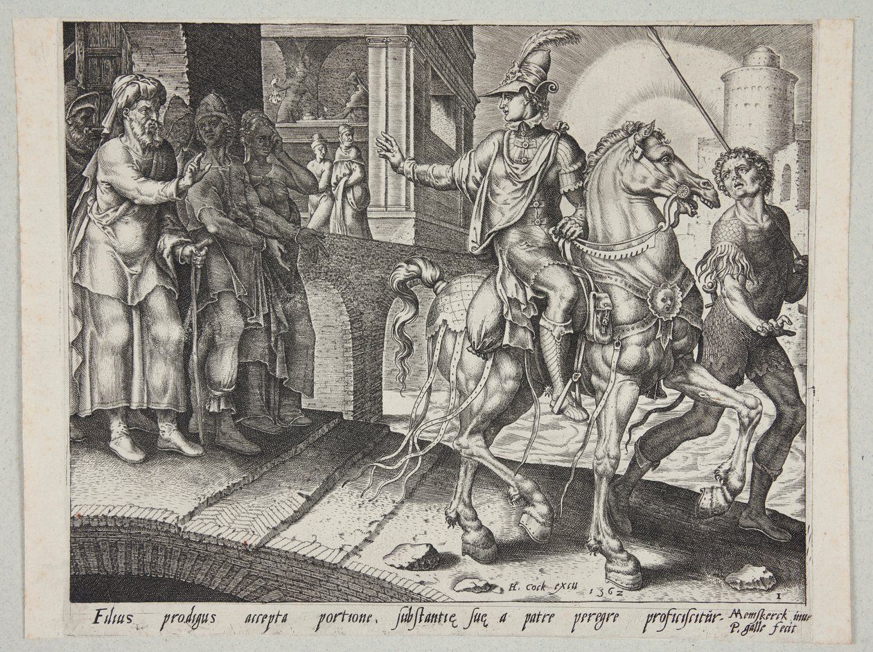 De verloren zoon verlaat het huis van zijn vader door Philips Galle