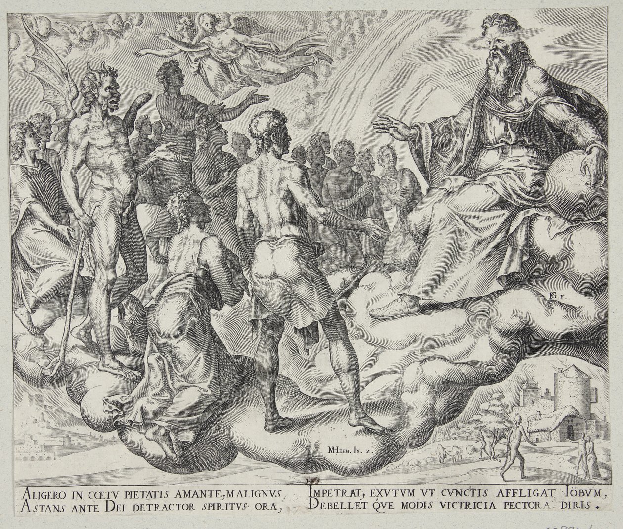 De zonen van God, Satan onder hen, presenteren zich voor de Heer door Philips Galle