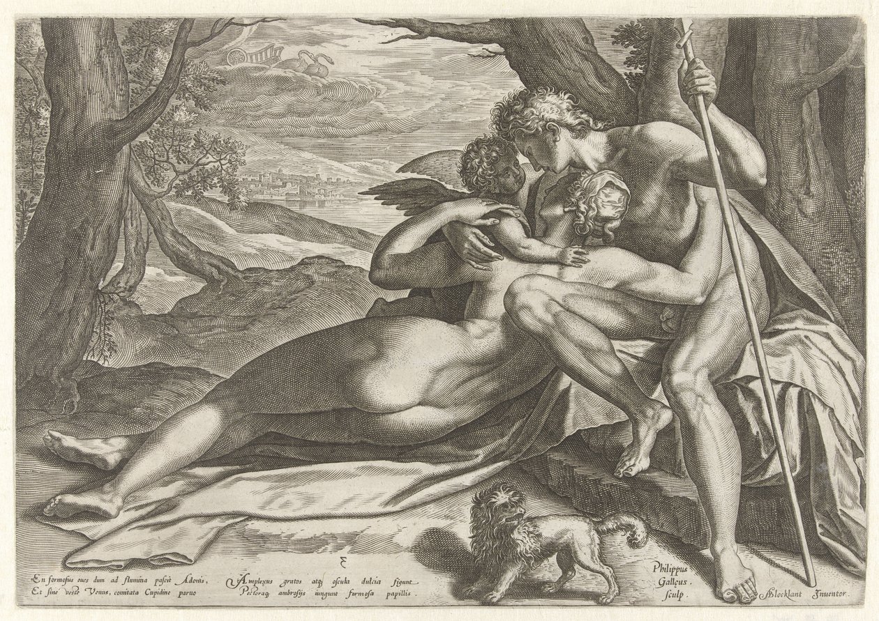 Venus en Adonis met Amor door Philips Galle