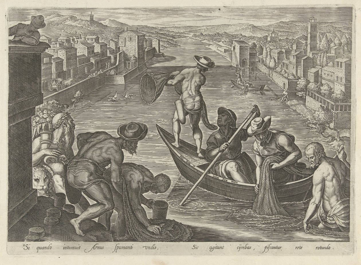 Visvangst met net (Jachttaferelen) door Philips Galle