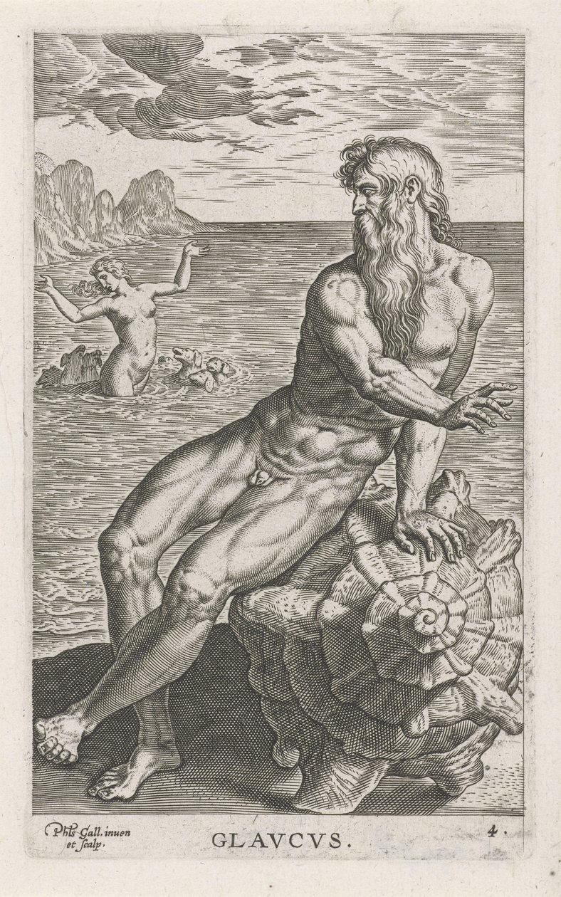 Zeegod Glaucus Rivier- en zeegoden (serie) Semideorum Marinorum amnicorumque sigillariae imagines perelegantes (serie) door Philips Galle