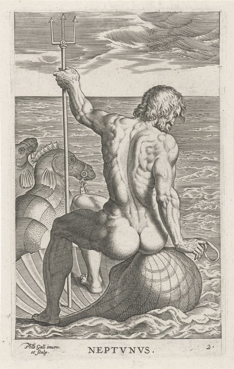 Zeegod Neptunus Neptvnvs Rivier- en zeegoden Semideorum Marinorum amnicorumque sigillariae imagines perelegantes (serie) door Philips Galle