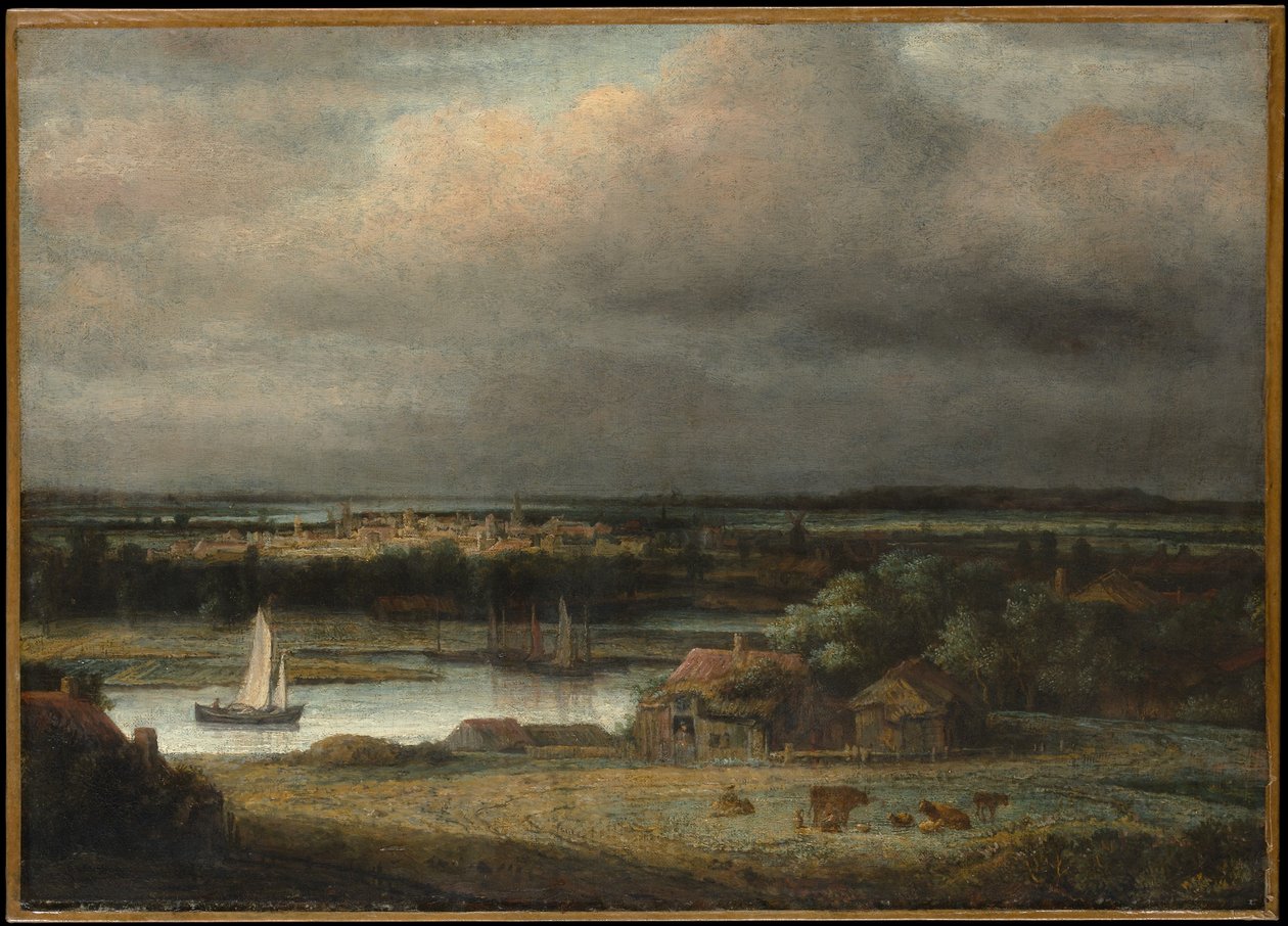 Landschap met brede rivier door Philips Koninck