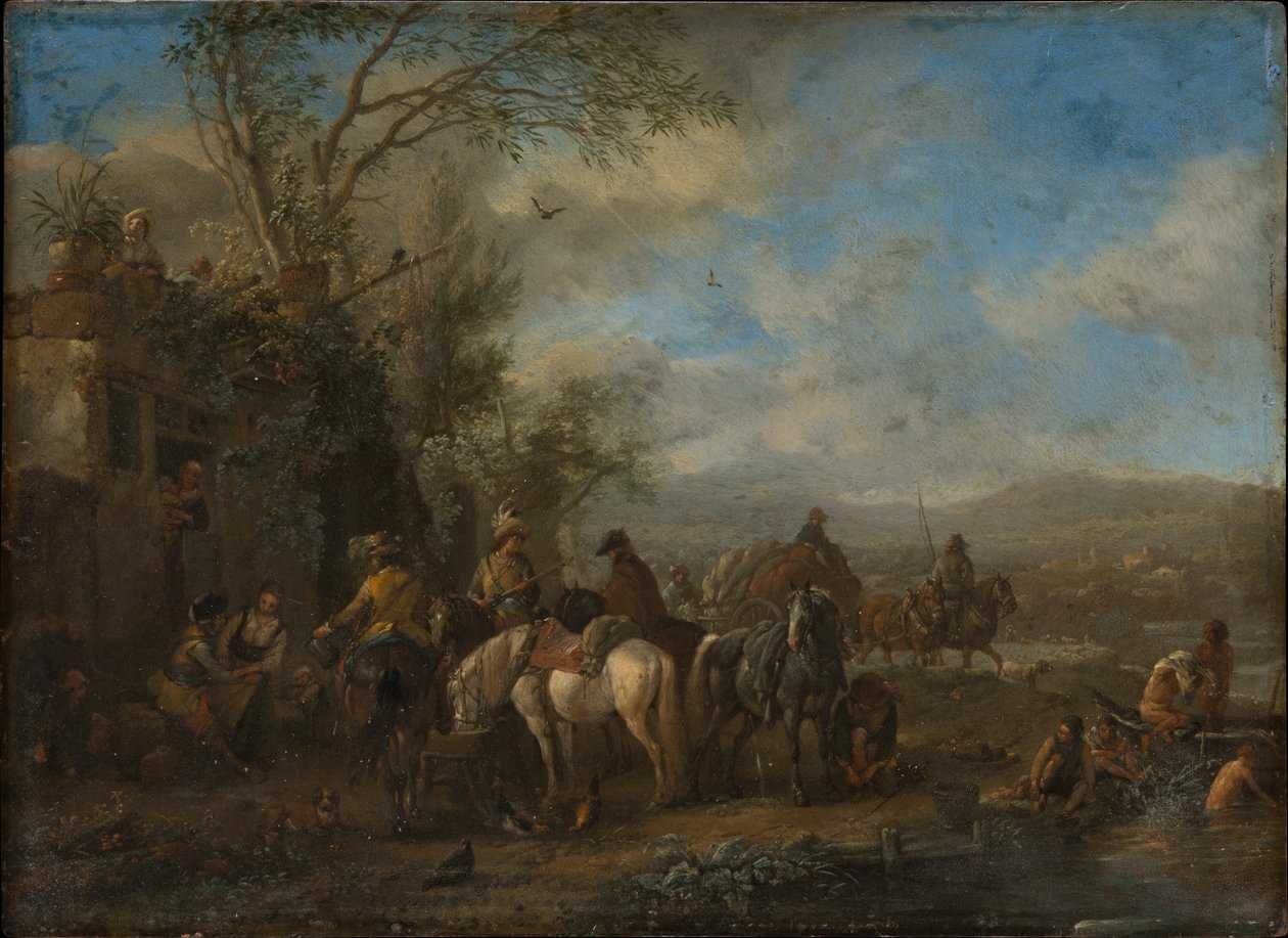 Gewapende ruiters voor een herberg door Philips Wouwerman