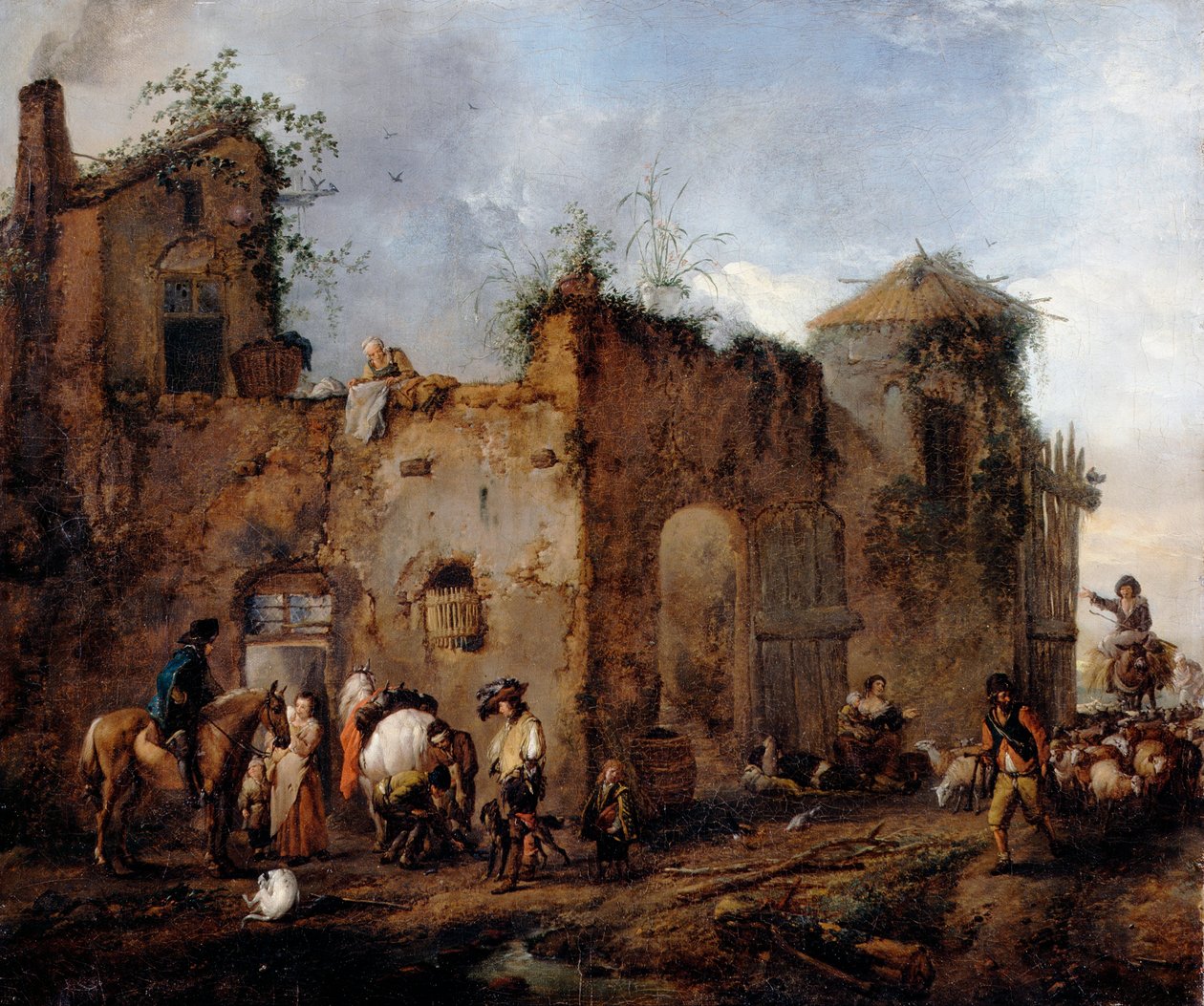 Binnenplaats met een hoefsmid die een paard beslaat door Philips Wouwerman