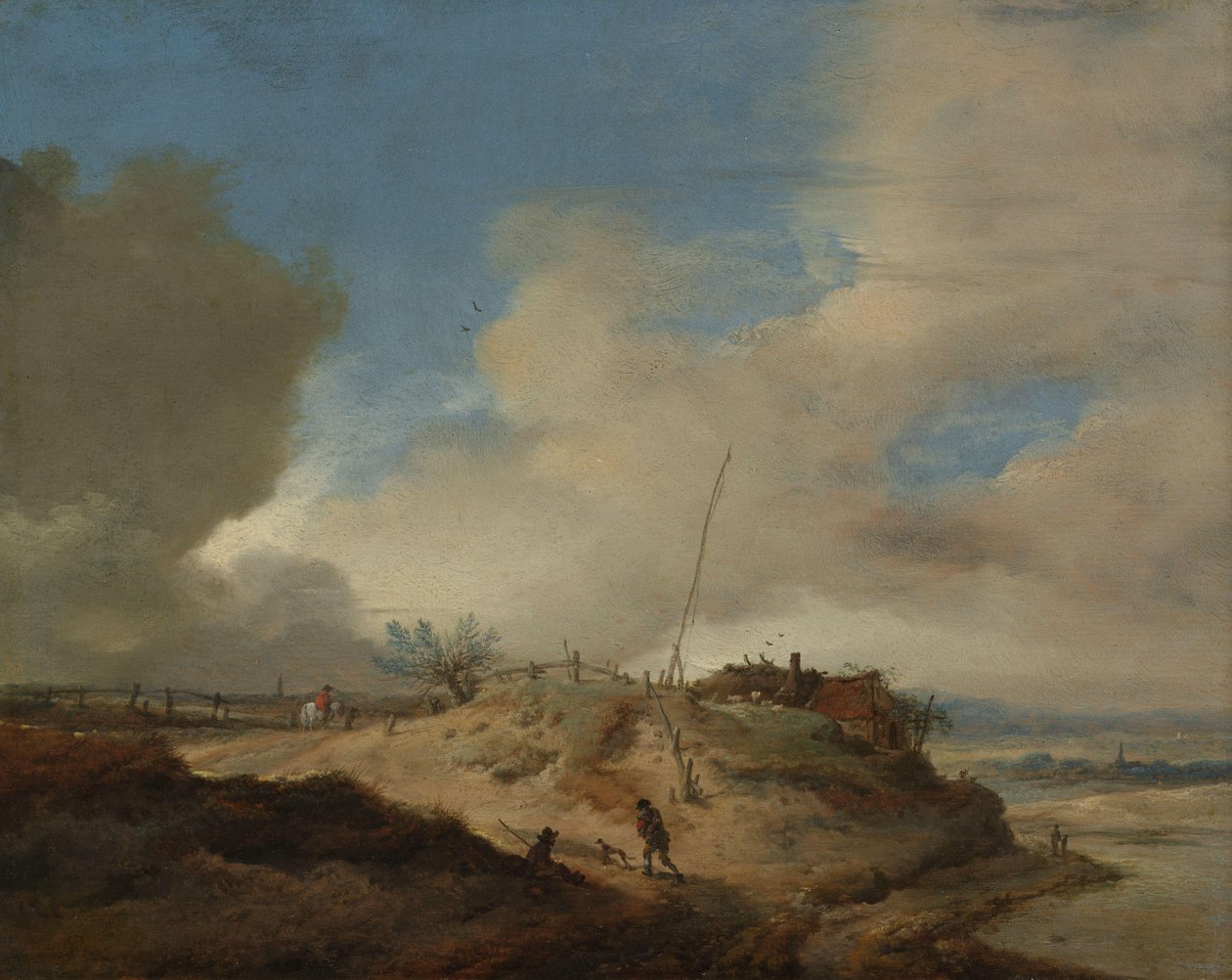 Duinlandschap met een seinpaal door Philips Wouwerman