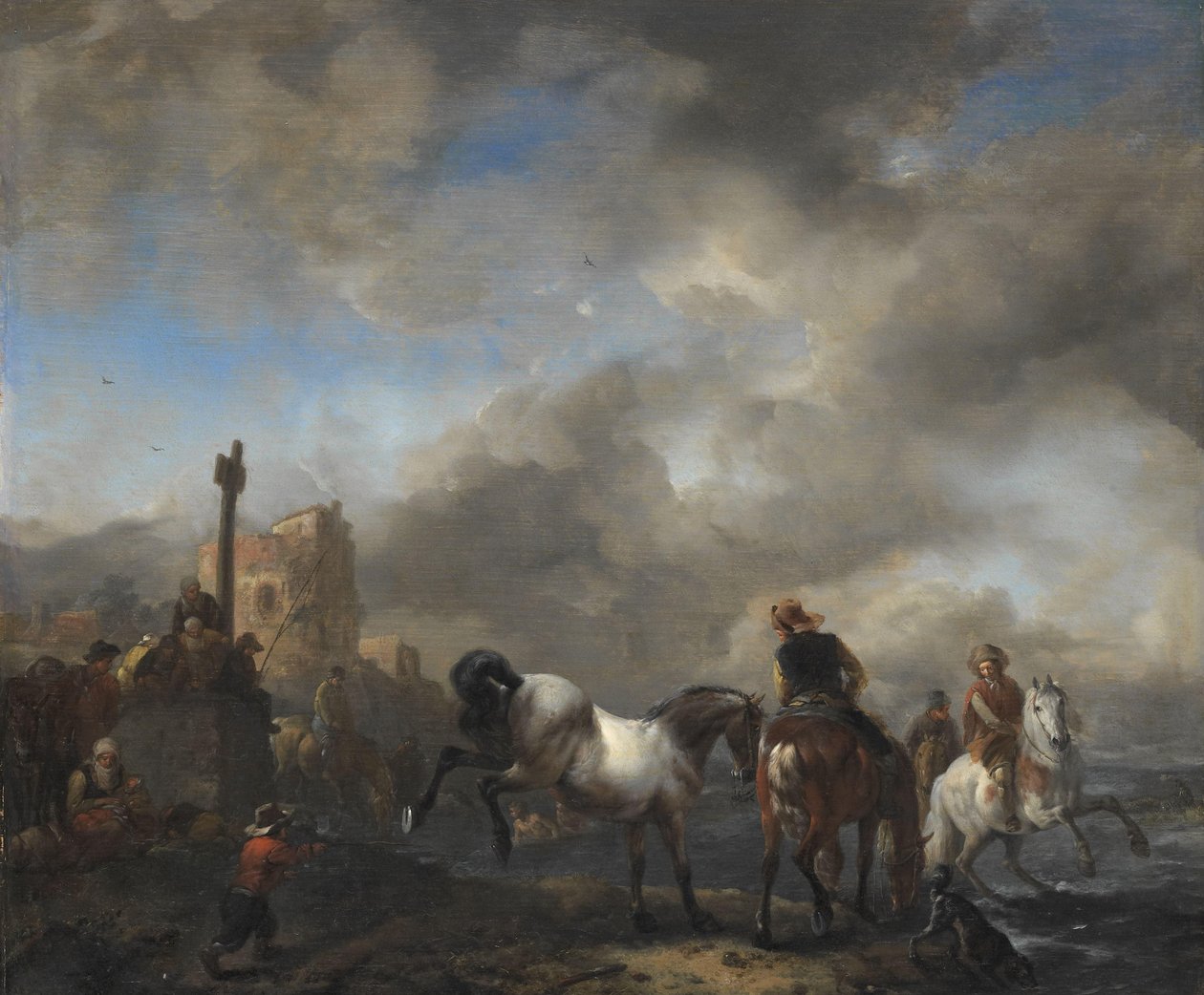 Paardenpoel bij een grenssteen door Philips Wouwerman