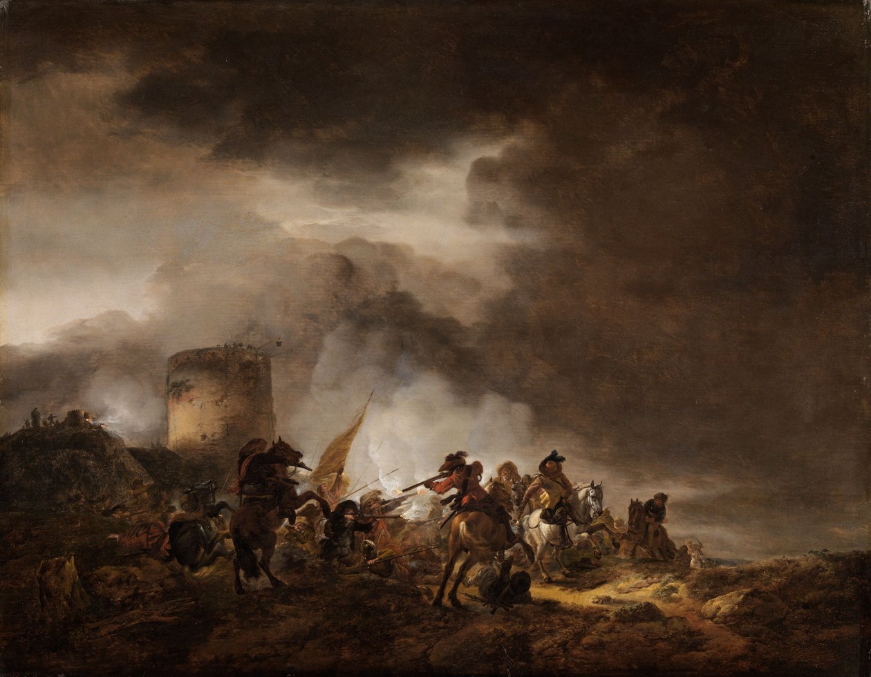 Gevecht tussen ruiters en infanterie voor een vestingwerk door Philips Wouwerman