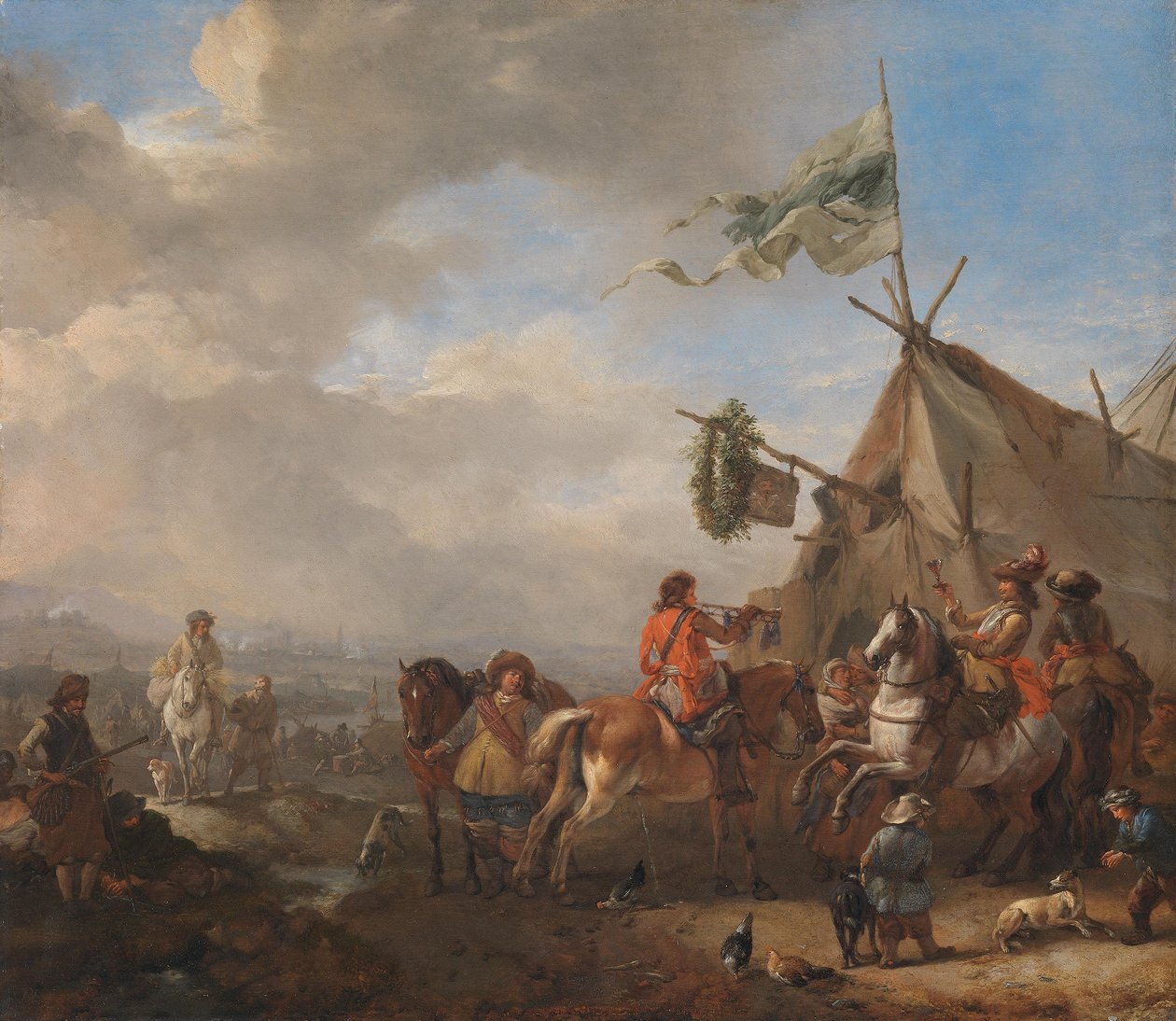 Cavalerie bij de kraam van een marktkoopvrouw door Philips Wouwerman