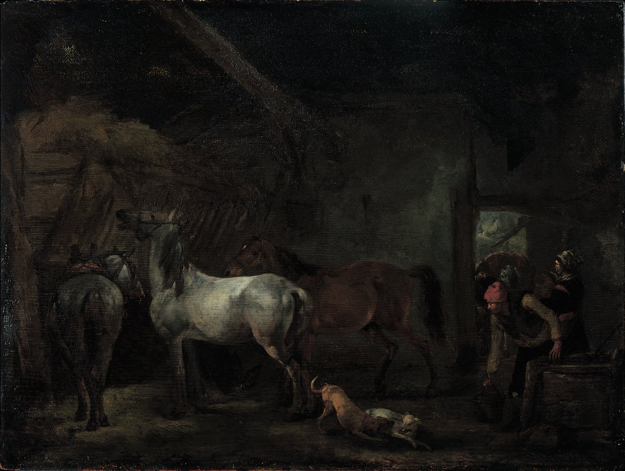 Stal met drie paarden door Philips Wouwerman