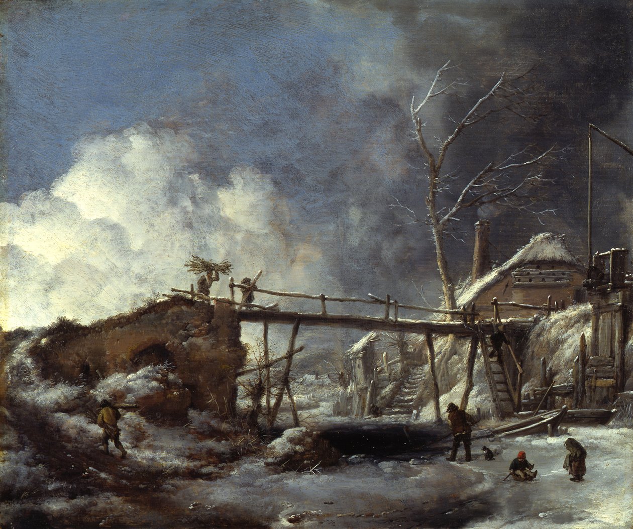 Winterlandschap met houten loopbrug door Philips Wouwerman