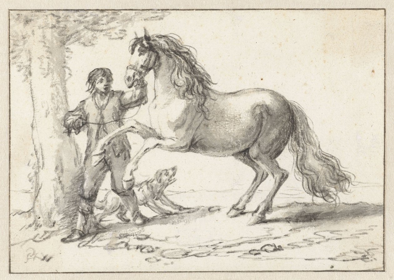 Jonge man houdt een steigerd paard bij de teugel, geschrokken door een blaffende hond door Philips Wouwerman