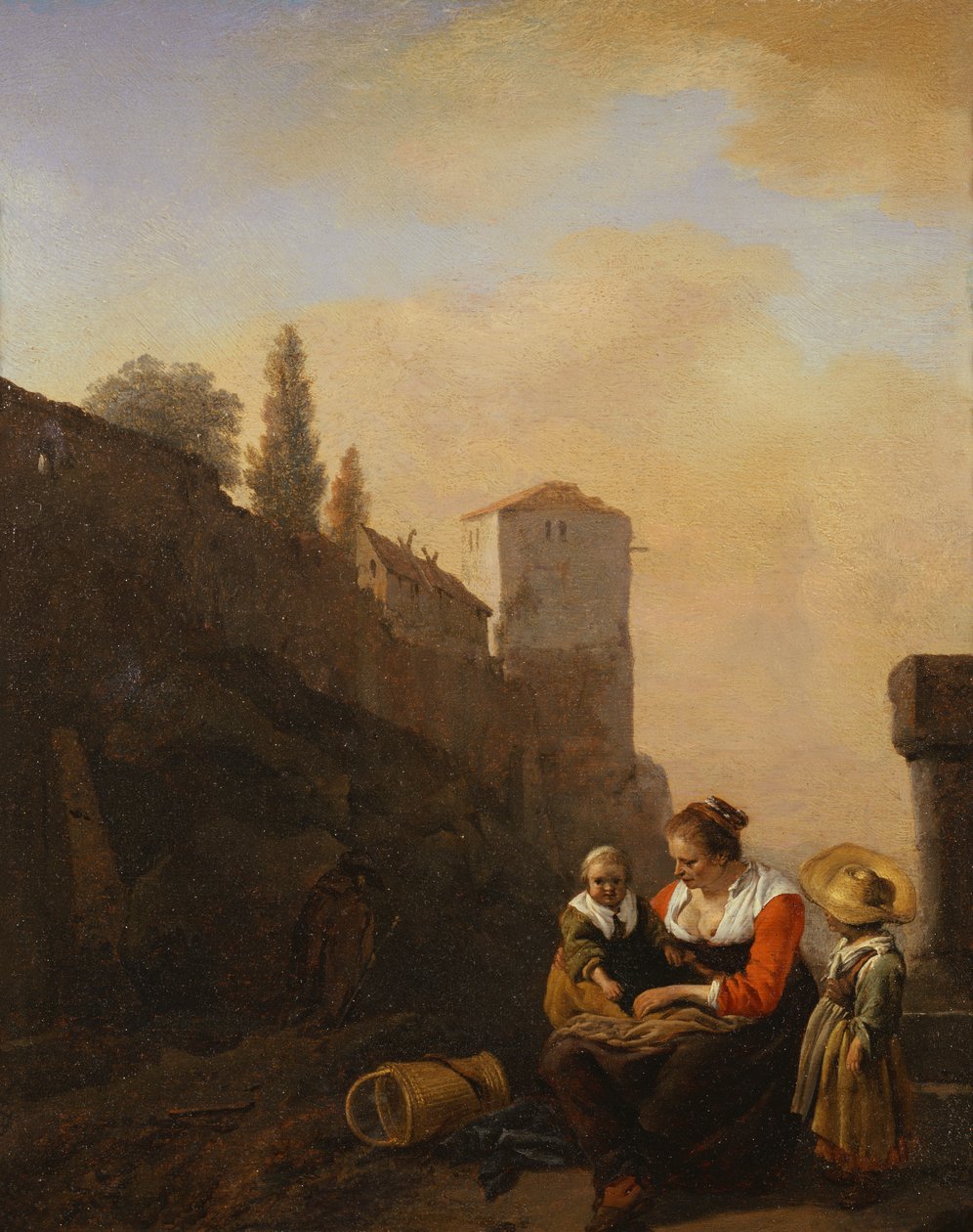 Een boer en twee kinderen rusten voor een toren in Italië door Philips Wouwermans or Wouvermans