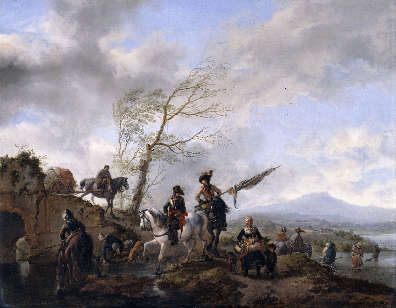 Een Uitgebreid Rivierlandschap met Soldaten en een Vaandeldrager die ...