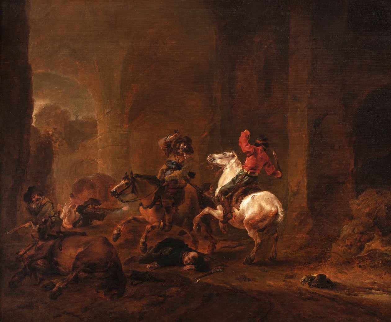 Bandieten die reizigers overvallen op een pad tussen ruïnes, ca.1635-50 door Philips Wouwermans or Wouwerman