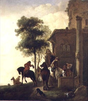 Reizigers die hun paarden water geven buiten een herberg door Philips Wouwermans or Wouwerman