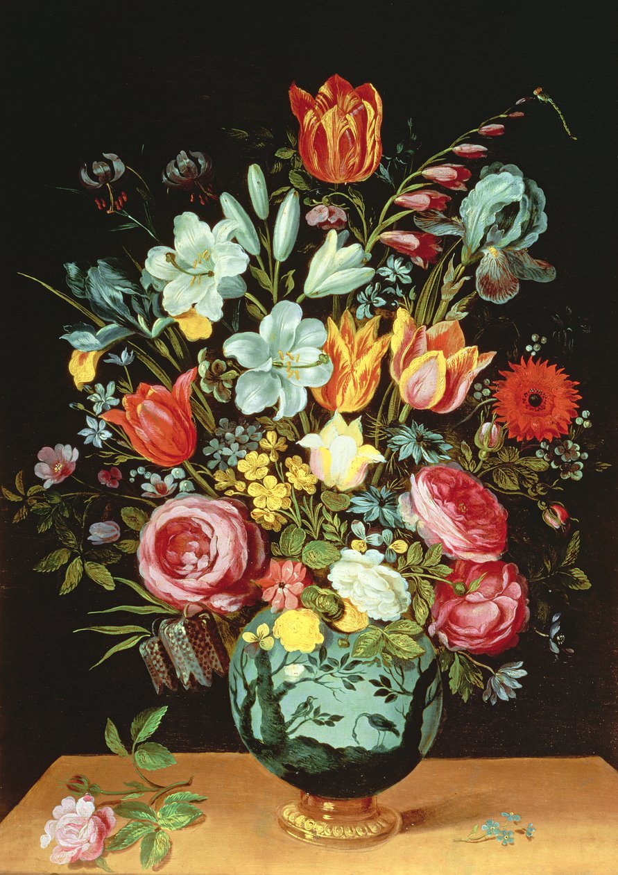 Een Stilleven van Bloemen in een Porseleinen Vaas op een Rand door Phillipe de Marlier