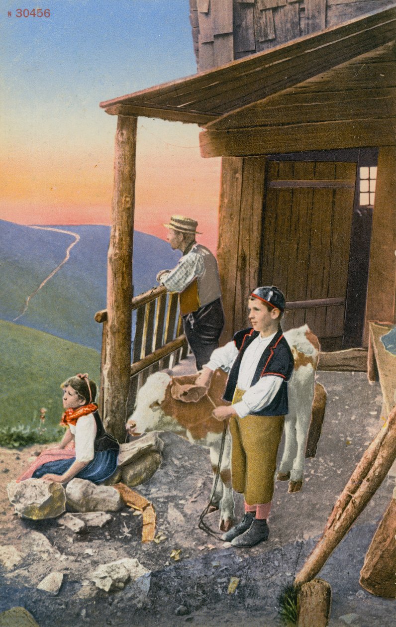 Vader en twee kinderen bij hun hut in de Zwitserse Alpen. Ansichtkaart verzonden in 1913. door Photographer Swiss