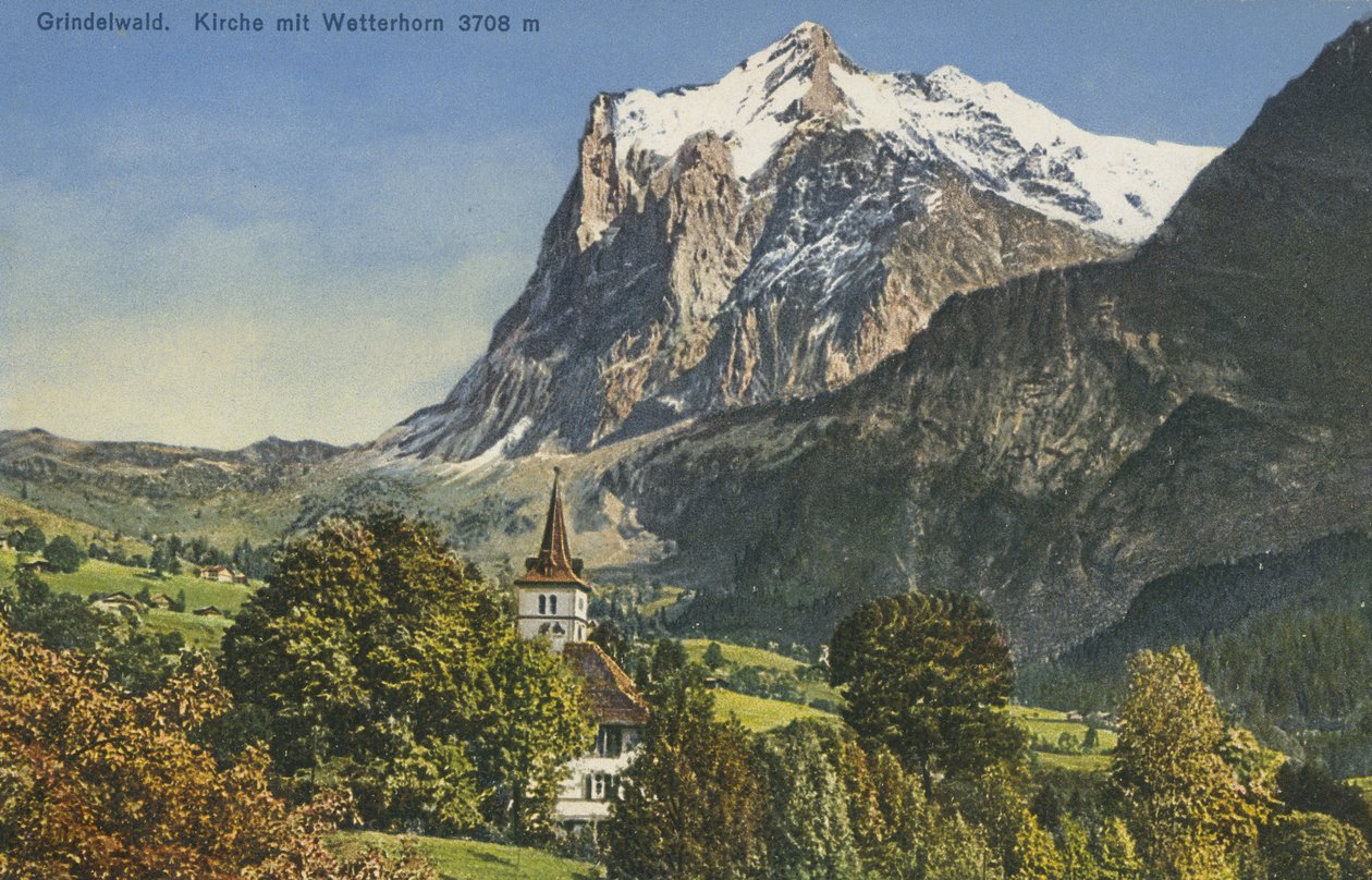 Grindelwald Kerk en Wetterhorn, Zwitserland (kleurenfoto) door Photographer Swiss