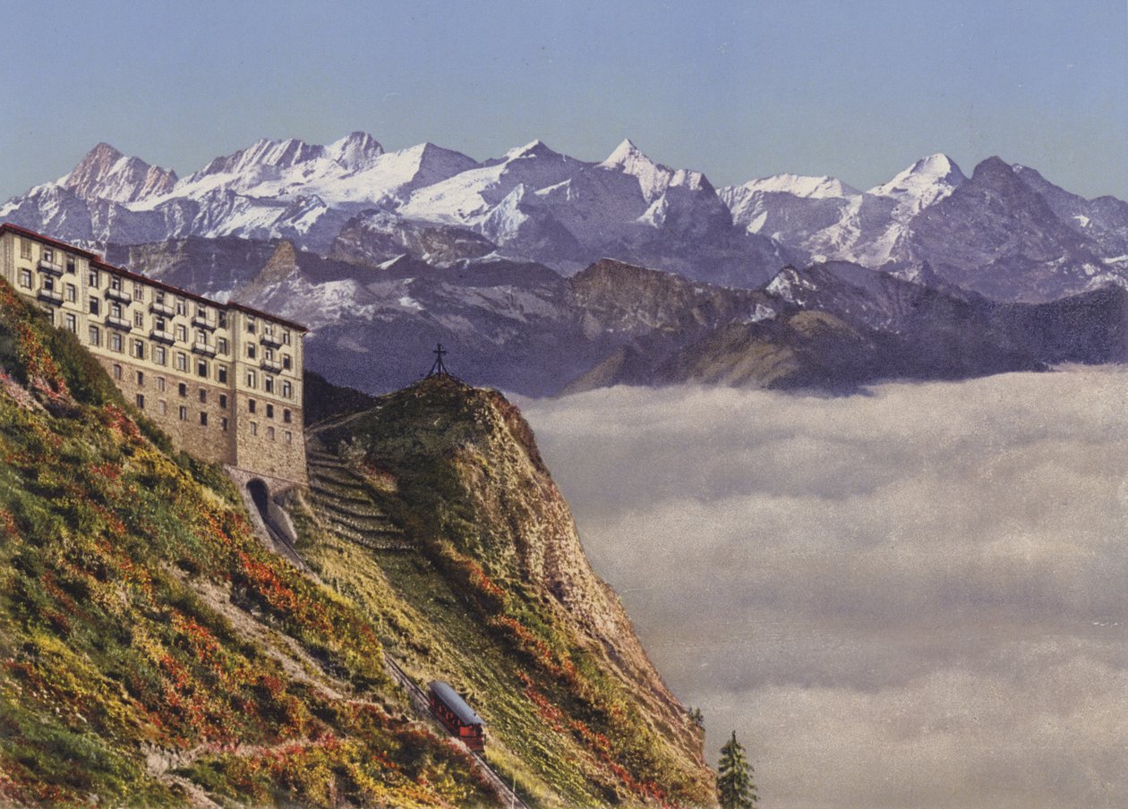 Stanserhorn 1900m kabelbaan en hotel met Berner Alpen (kleurenfoto) door Photographer Swiss