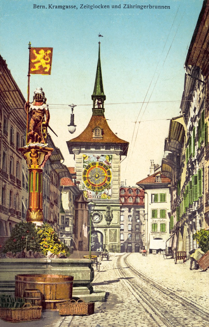 De Zytglogge klokkentoren en de Zahringerbrunnen fontein, Kramgasse, Bern Zwitserland (kleurenfoto) door Photographer Swiss