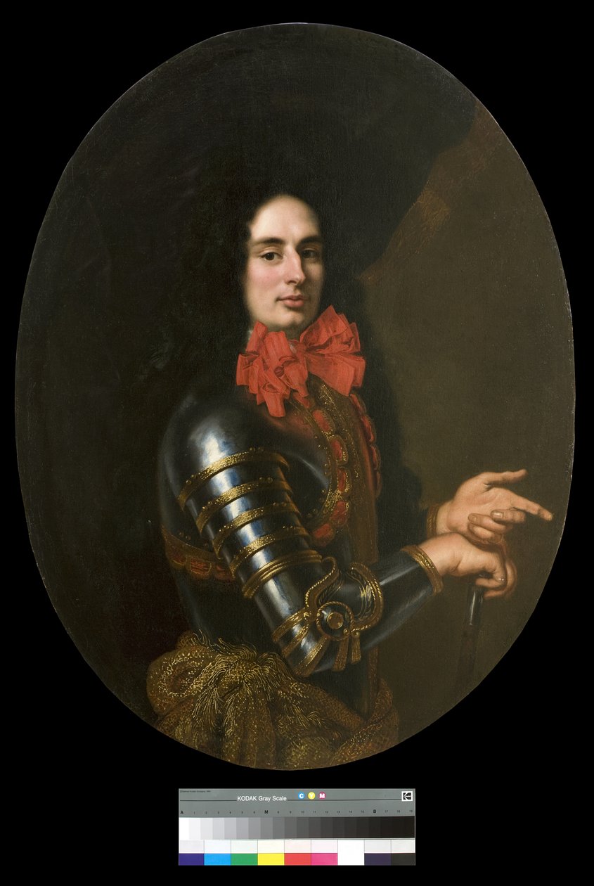 Portret van een heer met harnas en een rode sjaal door Pier Francesco Cittadini