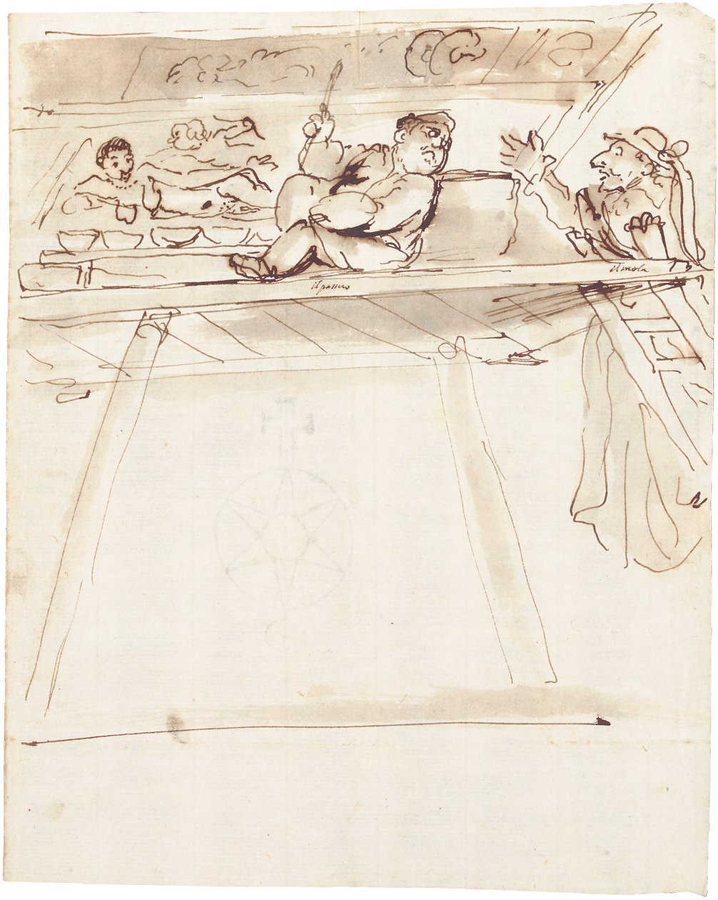 Een karikatuur van Pier Francesco Mola die Giovanni Battista Passeri onderbreekt bij het schilderen van een plafonddecoratie van een liggende Venus door Pier Francesco Mola