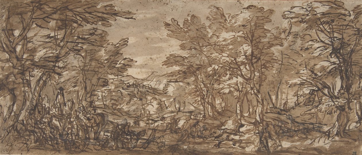 Bosscène, een Pauze aan de Linkerkant, een Jacht in het Midden, 1612-66 door Pier Francesco Mola