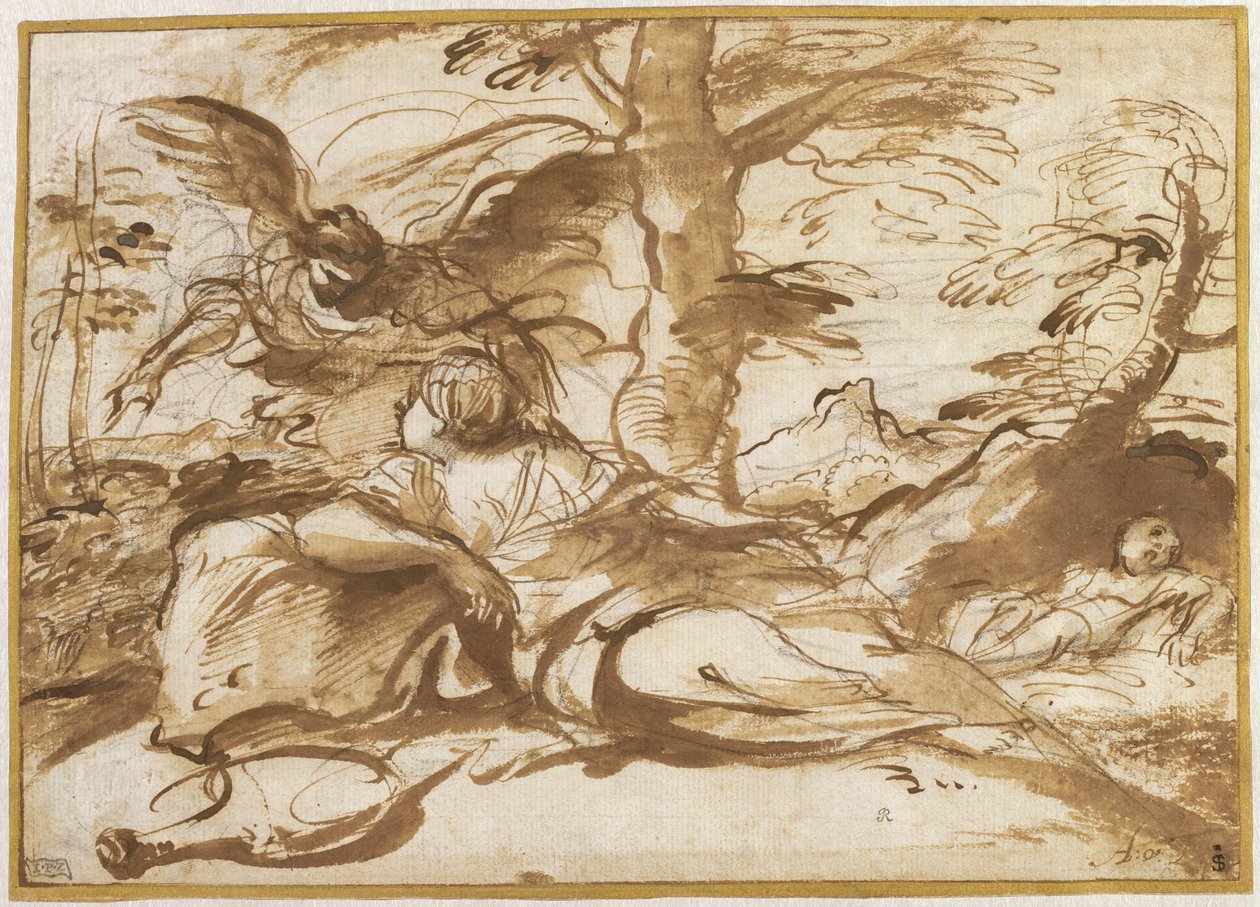 De Engel Verschijnt aan Hagar in de Woestijn (recto) door Pier Francesco Mola