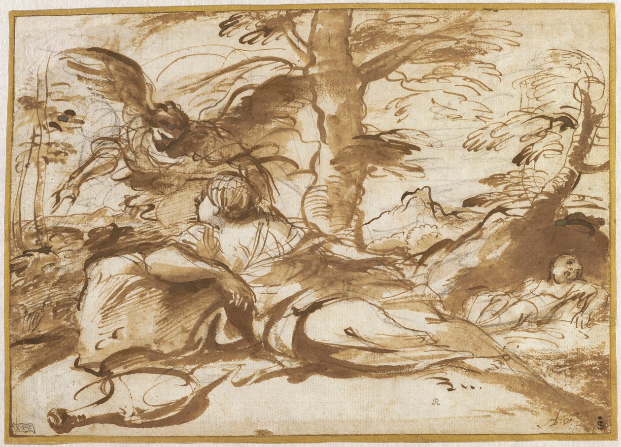 De engel verschijnt aan Hagar in de woestijn (recto), ca. 1660 (inkt en tekening) door Pier Francesco Mola