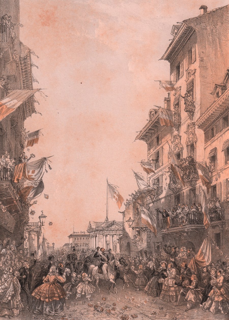 Intocht van koning Vittorio Emanuele II in Brescia, Lombardije door Blaise Nicolas Le Sueur