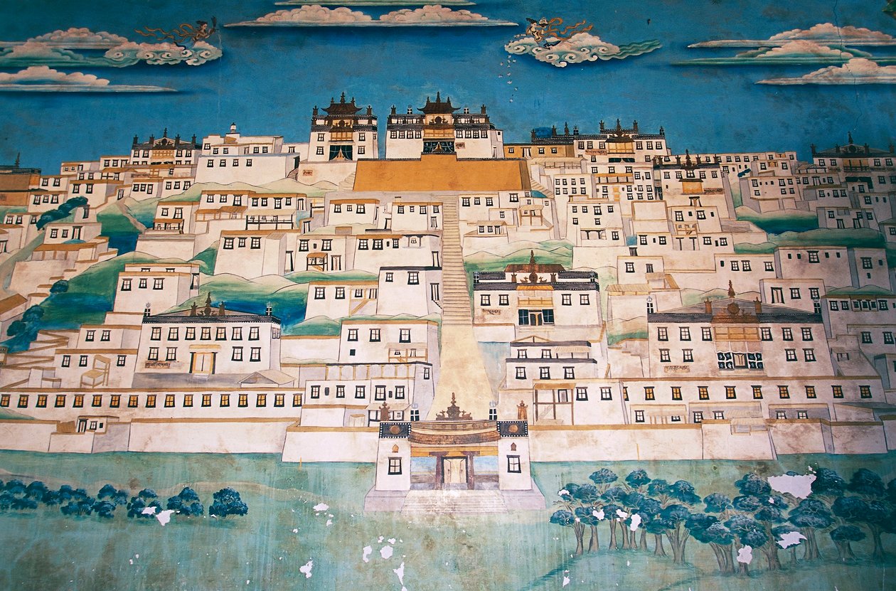 Fresco van de stad in Ganden Sumtsenling Klooster, Zhongdian, Yunnan Provincie, China door Blaise Nicolas Le Sueur