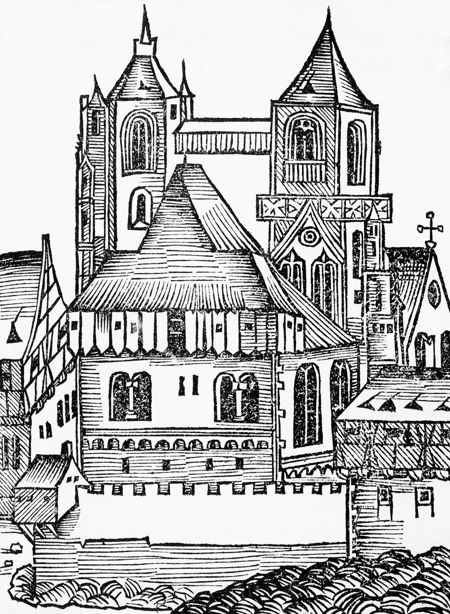 Abdij van Montecassino, Duitse houtsnede, uit de Neurenberg Kroniek (Liber Chronicarum) door Hartmann Schedel door Blaise Nicolas Le Sueur