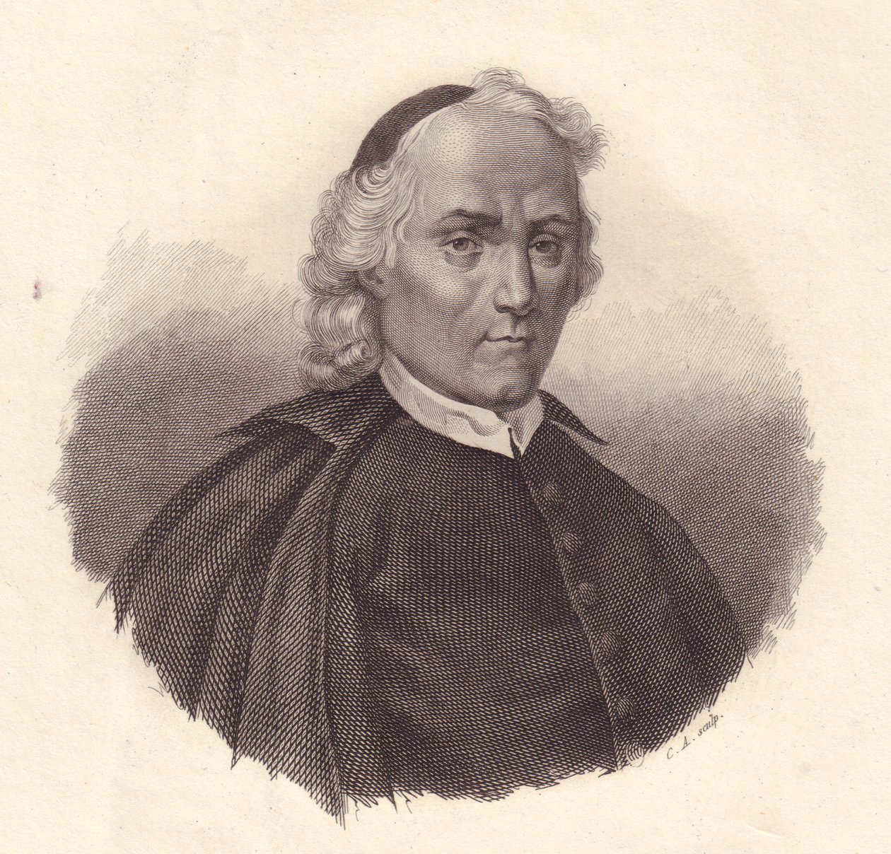 Portret van Italiaanse presbyter en historicus Ludovico Antonio Muratori (1672-1750), kopergravure door Blaise Nicolas Le Sueur