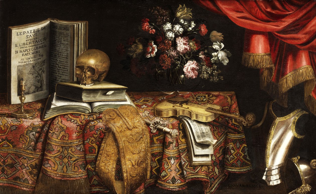 Vanitas-stilleven met viool, notenboek, bloemenvaas en schedel door Pierfrancesco Cittadini