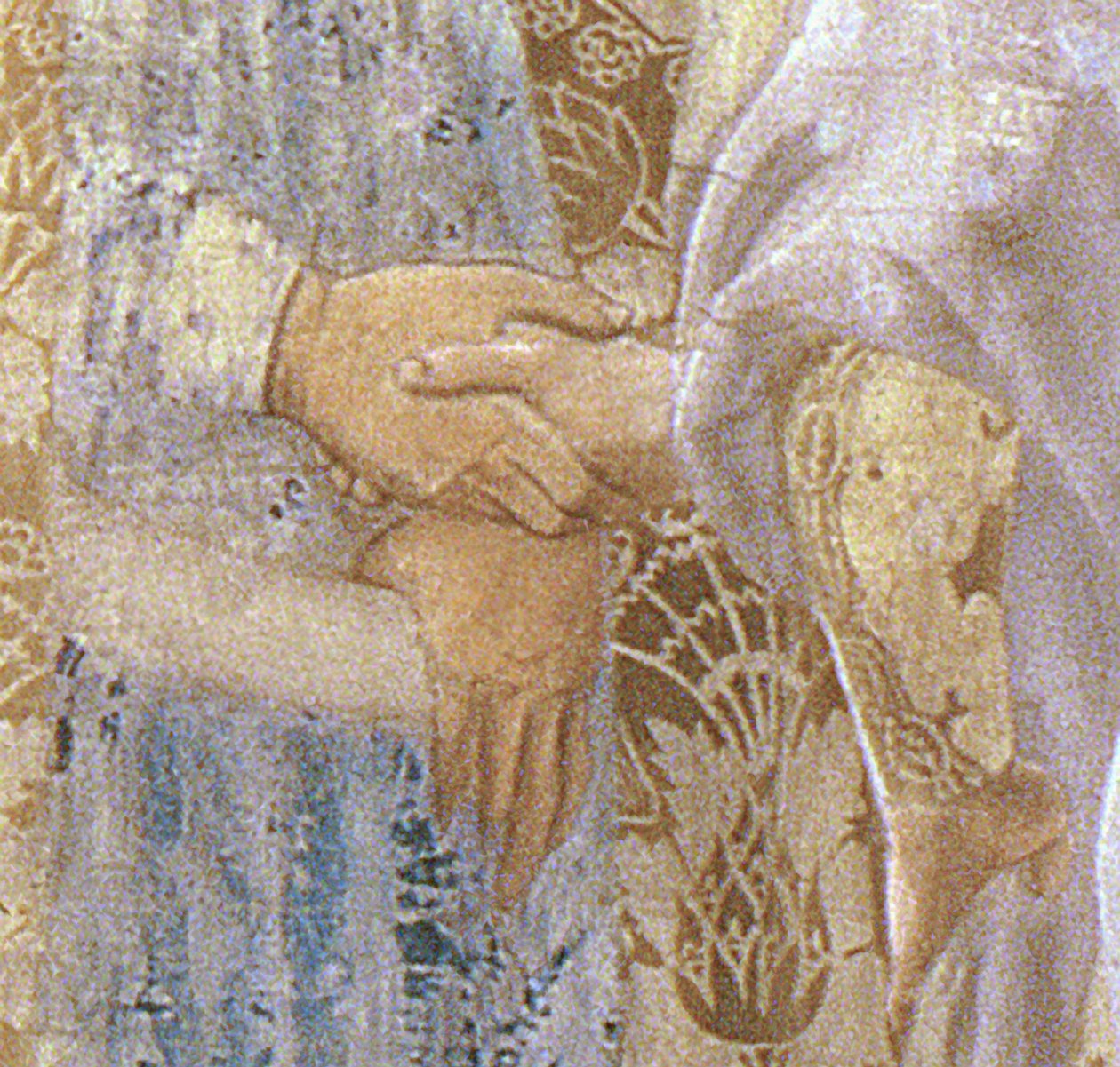 De ontvangst van de koningin van Sheba door koning Salomo c.1015-977 uit de Legende van het Ware Kruis cyclus, detail van de handen, voltooid 1464 fresco (detail) door Piero della Francesca