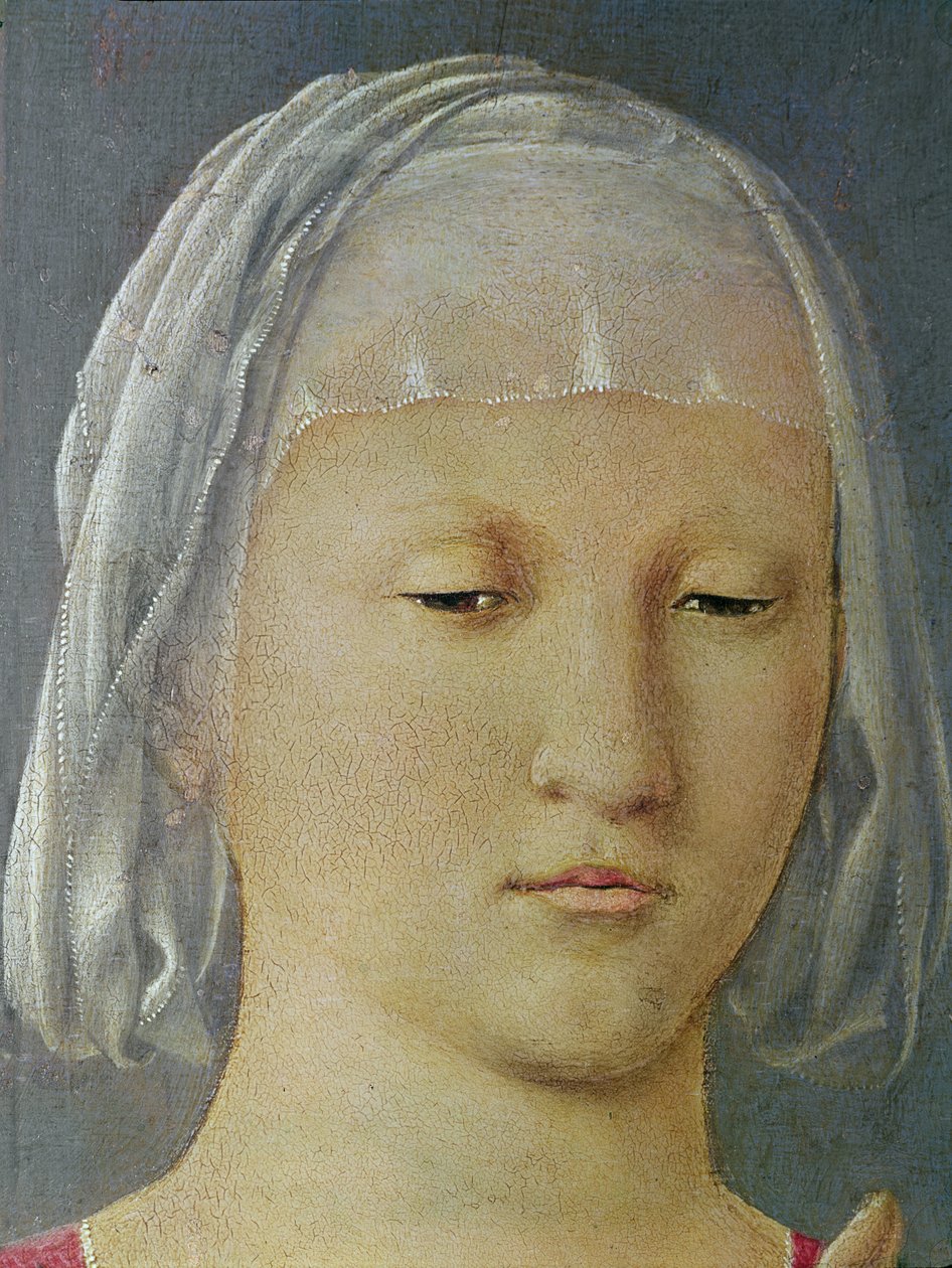 De Maagd en het Kind tussen twee Engelen, bekend als Madonna van Senigallia (detail van het hoofd van de Maagd) door Piero della Francesca
